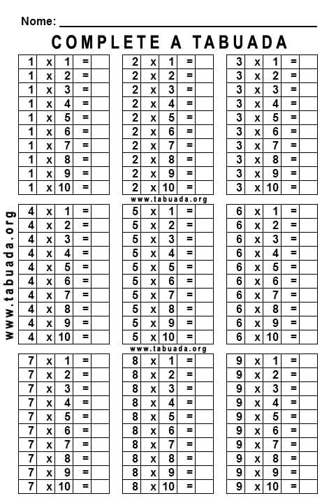 tabuada de multiplicação para imprimir pdf